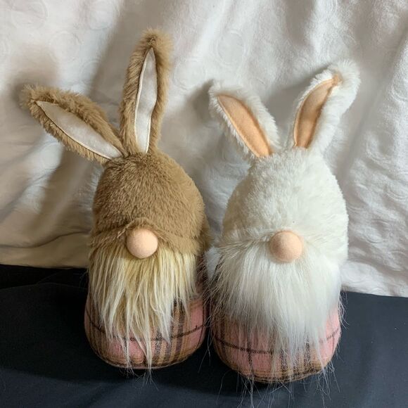 Bunny Rabbit Easter Gnomes w/posable ears and bean bag bottoms pink plaid body - Picture 1 of 5